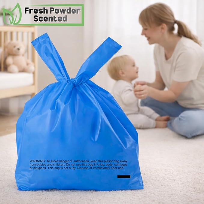 Baby Disposable Diaper Sacks (500 ct.) Fresh Baby Powder Scented Bulk Easy-Tie Diaper Sacks Nursery Trash Bags Dog Poop Bags Cat Litter Waste Bags Sanitary Pads Disposal Bags (500 Bags, Blue)