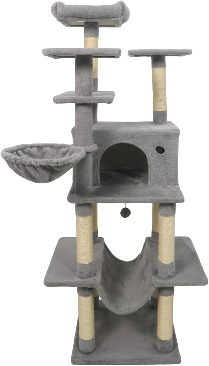 Tangkula Tall Cat Tree, 63 Inch Large Cat Tower with Sisal Scratching Posts, Plush Top Perch, Condo, Hammock, Basket Bed, Dangling Balls & Jumping Platforms for Indoor Cats Large Adult (Light Grey)