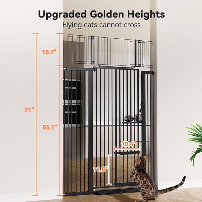 COMOMY 71" Extra Tall Pet Gate for Cats, 29.5-43" Extra Wide Cat Gate with Adjustable Cat Door, Pressure Mounted Easy Walk Through Pet Gate with Door for Stairs, Doorways, Kitchen(Black)
