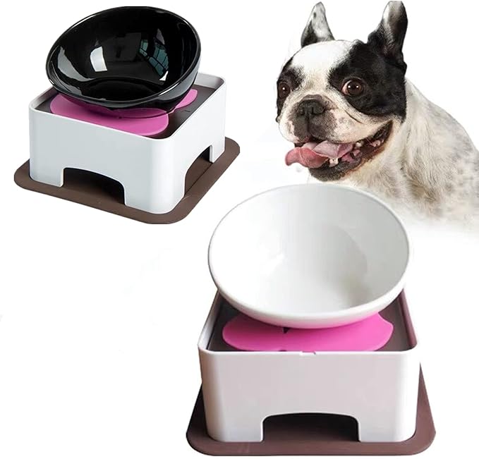 Bulldog Bowl Anti-Slip Dog Cat Dish Detachable Dog Bowls Pet Sterile Tilted Pet Feeder Slope Base (White,Ceramic-1.5 Cup