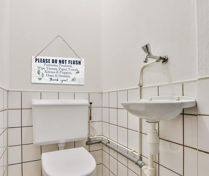 HALUOSI Hanging Printed Wooden Plaque Decor, Bathroom Rules Sign, 'Please Do Not Flush Feminine Products', Engineered Wood, 12x6 Inches