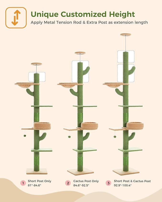PETEPELA Floor to Ceiling Cat Tree [87"-100"] Height Adjustable, 5 Levels Cactus Cat Tower+56.3'' Tall Cat Tree for Indoor Cats, Cactus Cat Tower