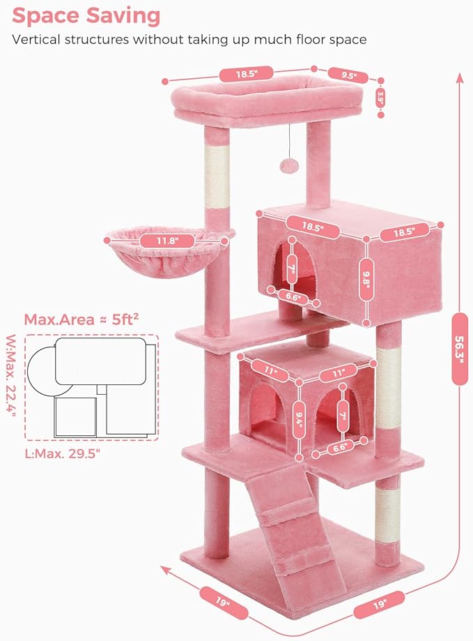 Pink Cat Tree for Large Cats with Super Large Top Perch,56.2" Multi-Level Tower for Indoor Cats with Hammock, Cat Shelves with Scratching Posts and 2 Condos Houses, Pink