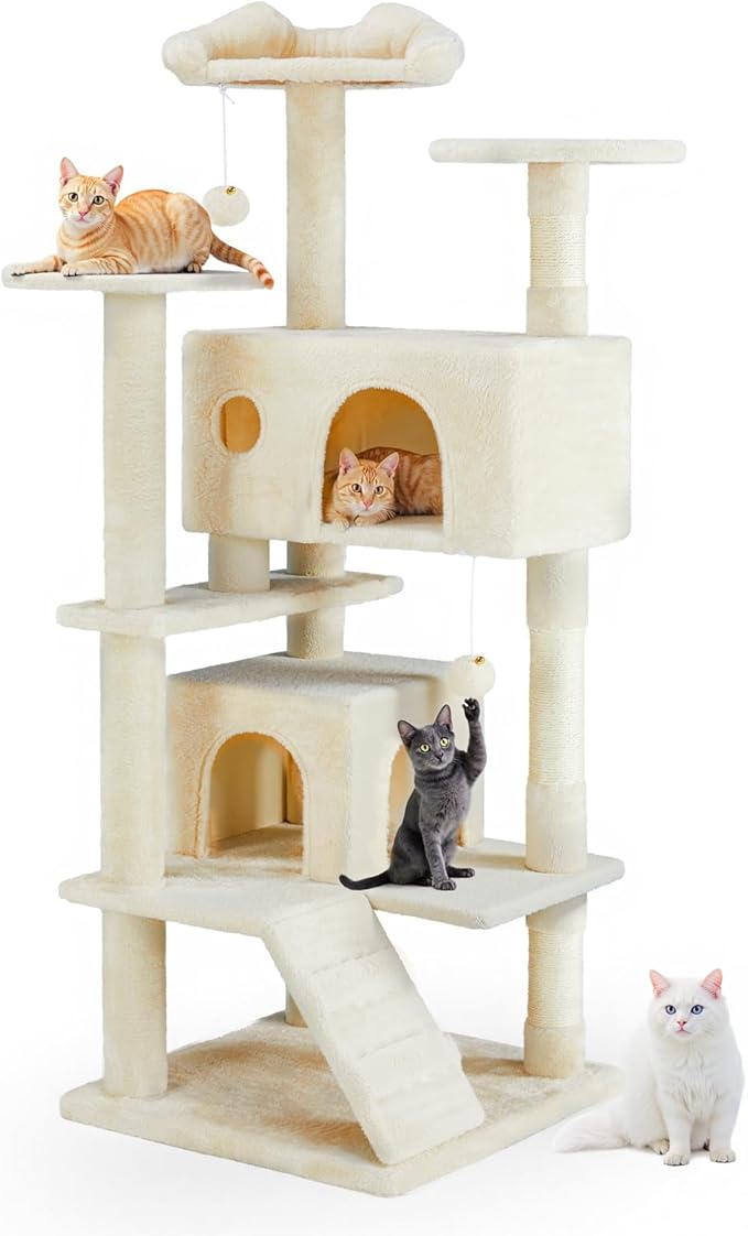 Cat Tree 54 Inch, Multi-Level Cat Tower with Condo, Perches, Sisal Scratching Posts and Climbing Ladder, Pet Play Toy Balls House for Indoor Cats