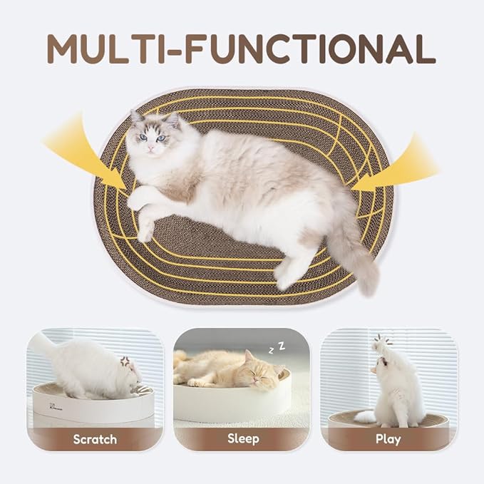 Extra Large Oval Cat Scratcher Lounge Bed - Heavy Duty Double-Sided Cardboard Scratching Pad, Modern White Cat Furniture & Sofa for Large Indoor Cats