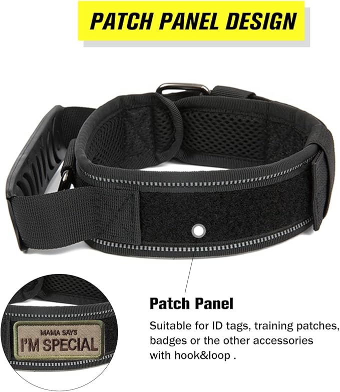 Tactical Dog Collar with Handle - Military Adjustable Dog Training Collar Soft Nylon and Heavy Duty Metal Buckle for Medium Large Dogs - with Patch (Green with Patch, Large)