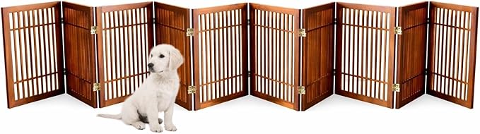 Urnporium Pet Dog Gate Freestanding, Strong Durable Folding Wooden Fence, Portable Acacia Hardwood Safety Barrier for Indoor & Outdoor Use (Brown Pet Gate, 10 Panel 24" Tall)