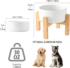 6'' Ceramic Raised Dog Bowl - 30Oz Dog Food & Water Bowl with Elevated Non-Slip Bamboo Stand, Dishwasher & Microwave Safe, Anti Vomiting Heavy Duty Pet Bowl for Small and Medium Dogs, White