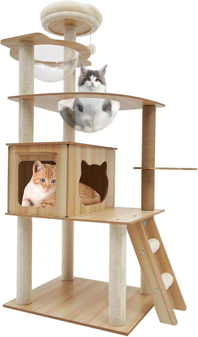55'' Tall Cat Tree, Modern Cat Tree Tower for Indoor Cats, 5-Tier Cat Climbing Tower with Space Capsules Hammock, Scratching Post and Staircase for Small Large Cats, Cat Condo