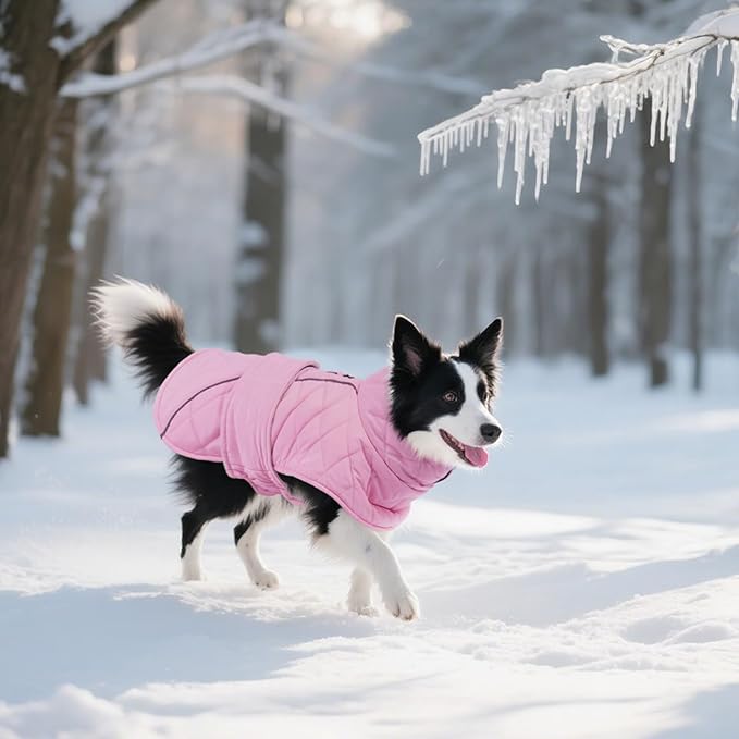 Kuoser Extra Warm Dog Coat, Windproof Cold Weather Dog Jackets for Large Dogs, Thick Fleece Lining Pet Turtleneck Snowsuit Reflective Adjustable Puppy Winter Coat Doggie Snow Jacket Pink, XL