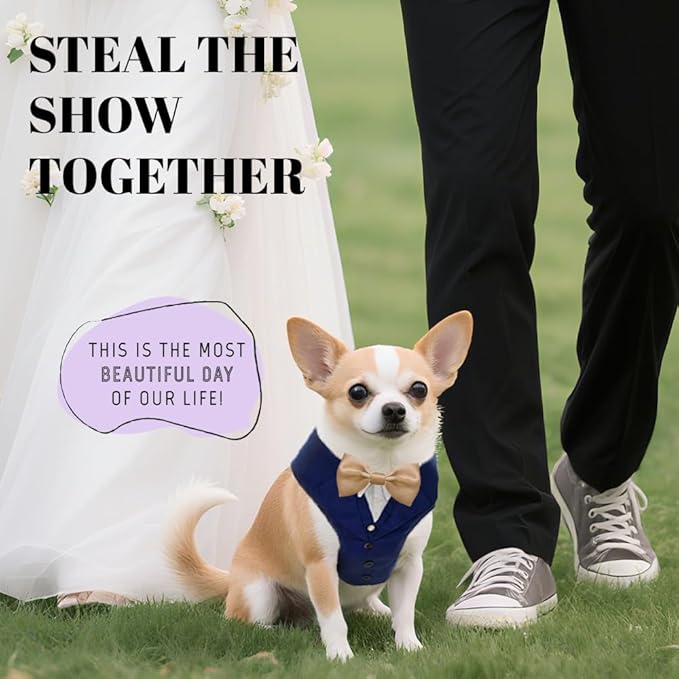 AVERYDAY XS Pet Tuxedo Harness, Wedding Costume Outfit for Small Dogs, Slim Cats and Tiny Pets with 9.1" Neck, 14.2-18.9" Chest, 9" Max Head Girth, Formal Suit Costume for Mini Breeds