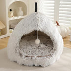Hezotco Large Cat Bed for Indoor Cats, Soft Fluff Indoor Dog Cave Bed& Cat Cave for Small Dogs. Pet Cave for Puppy with Cat Teasing Ball 22.8"*18.5"*22.8"(Coffee+White)