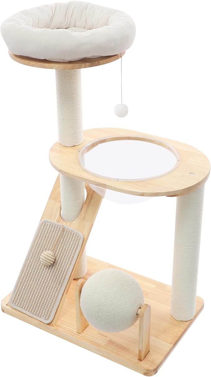 Modern Cat Tree Tower for Indoor, Wooden Multifunctional 38-in Spacious Cat Tower with Bed, Space Capsule, Dangling Ball, Scratching Post, Tilted Angled Ramp