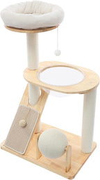 Wooden Cat Tree with Cuddle Bed and Scratching Posts, Multi-Level Cat Tower with Ramp and Ball, Compact Cat Furniture for Indoor Cats, Rubberwood Sisal Cat Climber for Small Spaces ﻿ (Style 2)