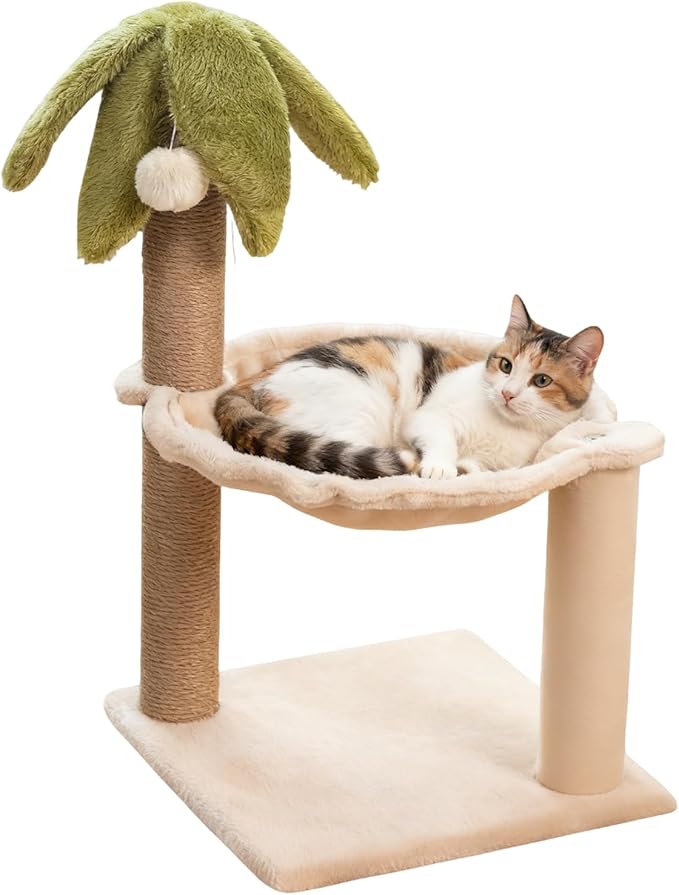 Simcat Kitten Tree with Plush Perch, Soft Hammock,and Paper Rope Scratching Posts, Stable Cat Stand，Durable Scratch Posts for Indoor Small Cats, 12.2 x 12.2 x 21.65 Inches, Beige