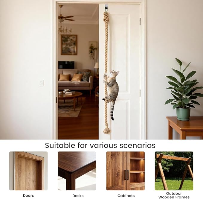 Cat Climbing Rope with U Clip, All-Mounted Clip-on Installation Cat Tree with Climbing Rope for Kitten, Durable Space Saving Cat Climbing Ropes Toy for Doors, Tables, Cabinets,Outdoor Wooden Frames