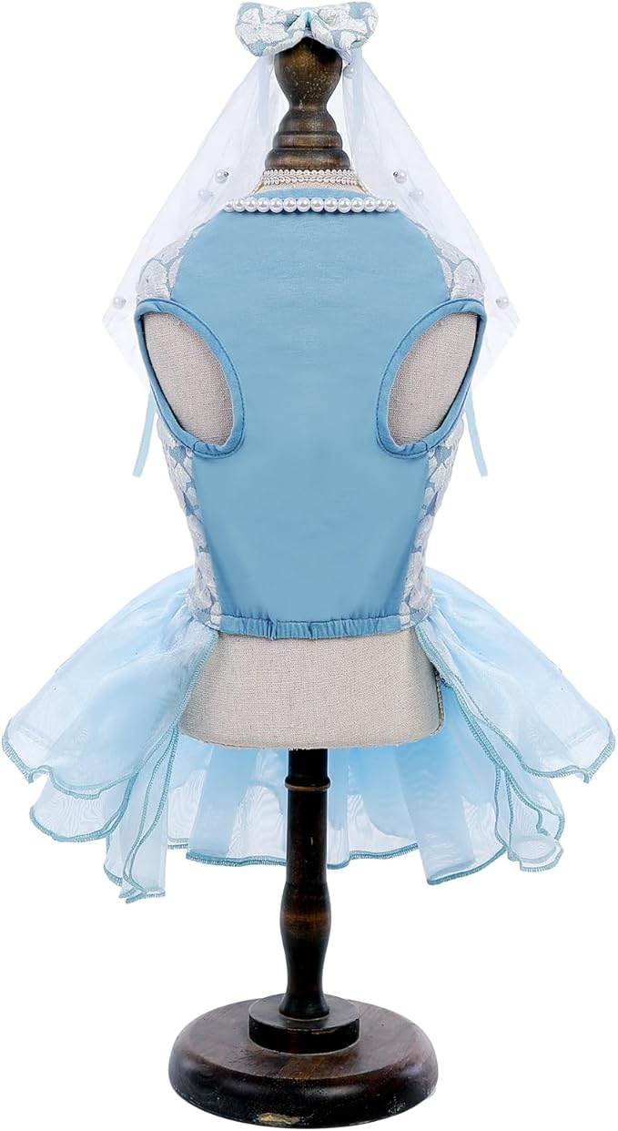 ASENKU Dog Dress, Dog Wedding Dress, Pet Lace Princess Dress with Bows for Wedding Birthday Party, Puppy Formal Apparel with Pearl Necklace for Small Dogs (Blue, Small)