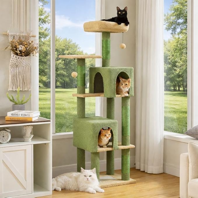 62" Cactus Cat Tree for Large Cats, Multi-Level Cat Tower with 2 Plush Condos, Soft Bed, Scratching Posts & Pad, Padded Perch & 2 Hanging Pompoms for Indoor Cats, Green