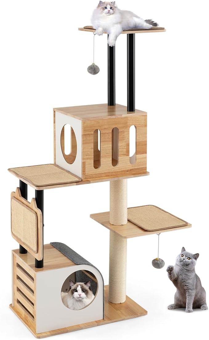 PETSITE 56 Inch Wood Cat Tree, Multi-Level Cat Tower with Sisal Scratching Posts, Dual Cat Condos, Removable Sisal Mats, and Hanging Balls with Bell, Modern Cat Tree Tower for Indoor Cats, Kittens