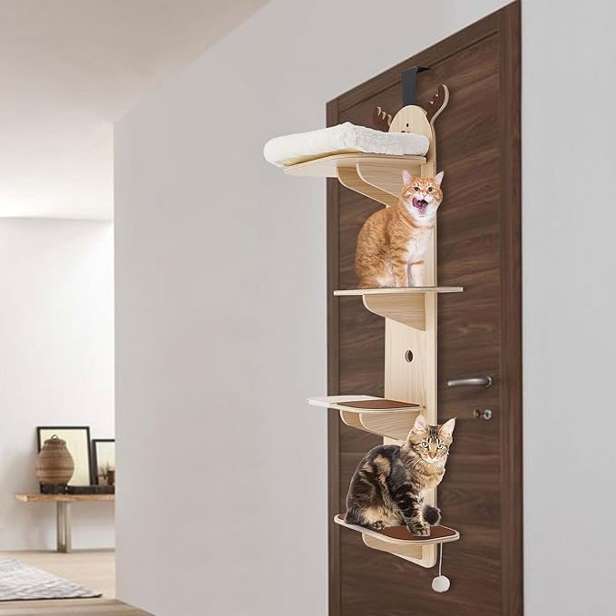 Door Hanging Cat Tree, 4 Tier Vertical Cats Climbing Frame, Door Mounted Cat Tree Tower with Plush Ball, Wooden Cats Climbing Rack for Stair, Foyer, Living Room, Bedroom, Pet Shop