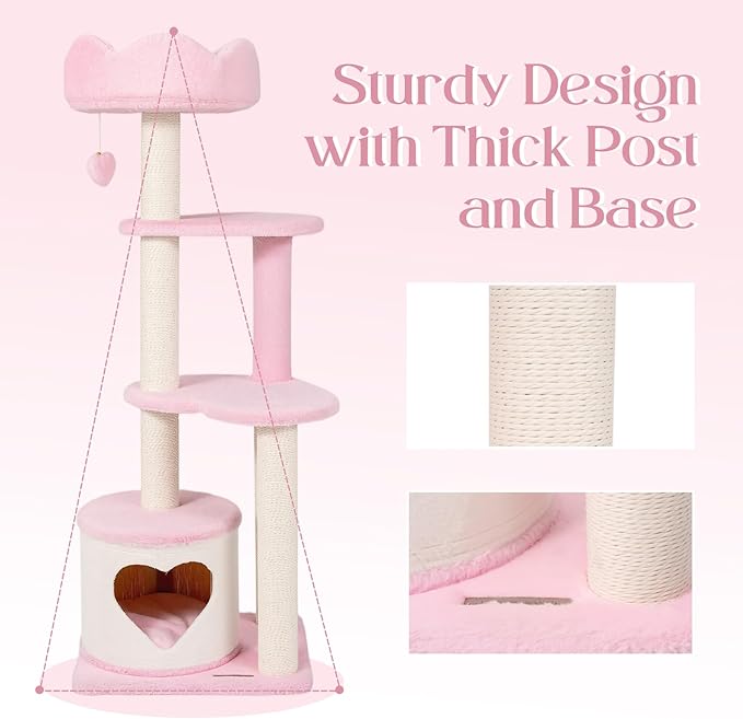 Happy & Polly Cat Tree for Cats, 52.8 Inches, All Breed Sizes, Climbing, Indoor, Wood and Sisal, Floor Mount, Modern