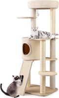 PETSITE 56 Inches Wooden Cat Tree, Multi-Level Modern Cat Tower with Sisal Scratching Posts, Comfy Condo with Sisal Covered Exterior, Climbing Ladder, Dangling Ball, and Soft Top Perch
