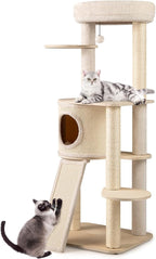 PETSITE 56 Inches Wooden Cat Tree, Multi-Level Modern Cat Tower with Sisal Scratching Posts, Comfy Condo with Sisal Covered Exterior, Climbing Ladder, Dangling Ball, and Soft Top Perch