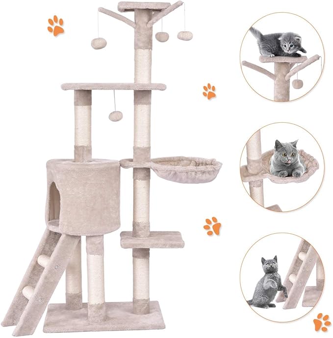 S AFSTAR 56 Inch Cat Tree Tower Condo, Multi-Level Cat Furniture Activity Center with Cat Scratching Posts, Climbing Ladder, Round House Cat Condo for Kittens Kitty Pet (Beige)
