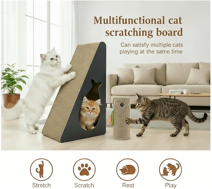 2-in-1 Set: 9.45" 6-Sided Cat Scratcher Post for Indoor Cats, Reversible Triangle Cardboard Scratching Pad with Bonus Small Scratch Pad, Durable Furniture Protector for Kittens & Senior Cats