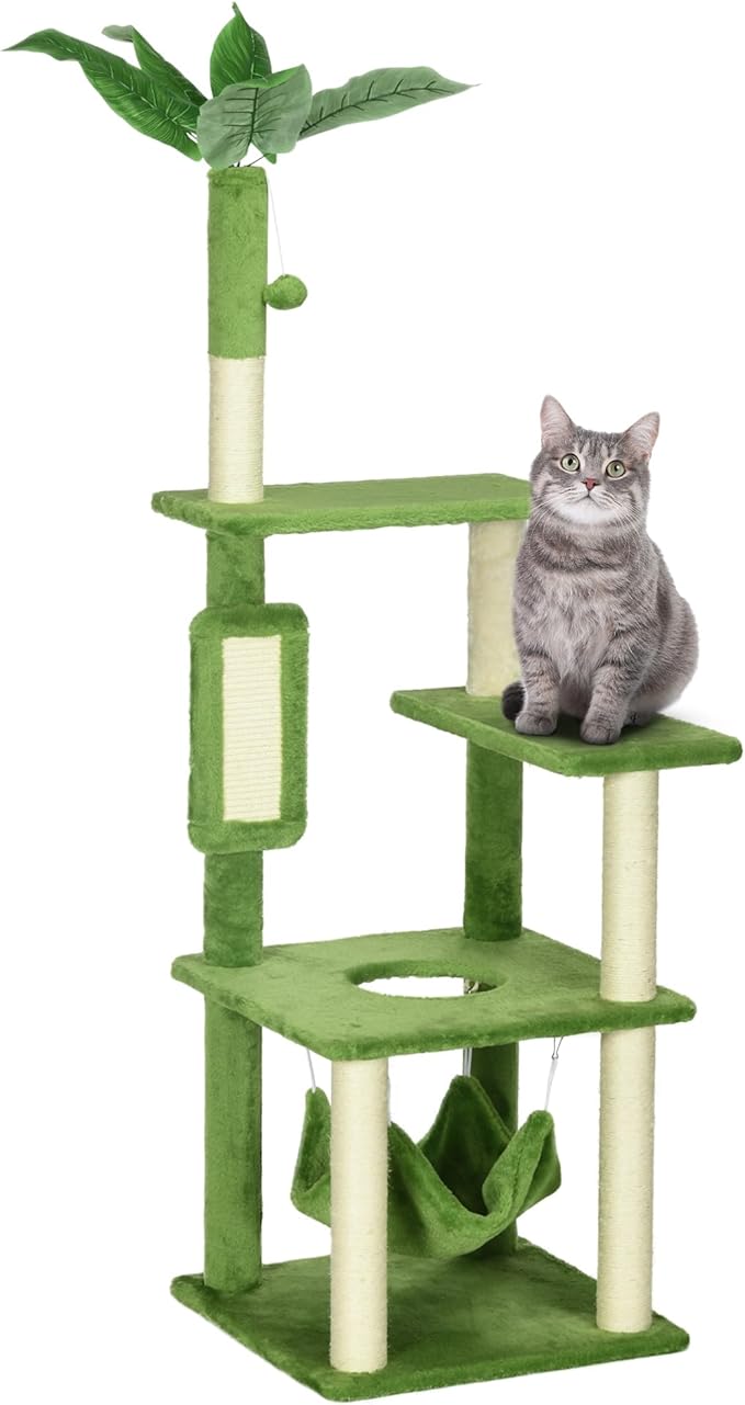 56" Cat Tree for Indoor Cats with Hammock, Scratching Posts & Play Ball, Multi-Level Cat Tower with Anti-Tip Device, Plush Perches & Sisal Rope (Green, 19.25x19.25x56 Inches)