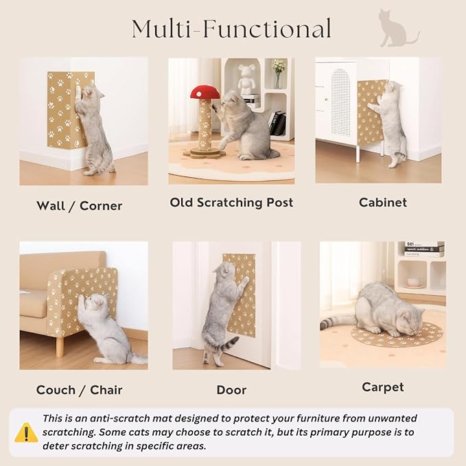 Anti-Scratch Cat Mat, Set of 2 – 39.4” x 15.8” Trimmable Self-Adhesive Upholstery Pads for Furniture, Carpet, Cat Trees, Shelves, Climbing Walls & Couch Protection (Paws)