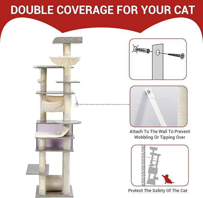 GarveeHome 67 in Cat Tree for Large Cats, Features Scratching Post, Cat Condo, Platforms, Tunnel, Hammock, Food Station & Bowls – Ideal for Indoor Cats, Retro Light Gray