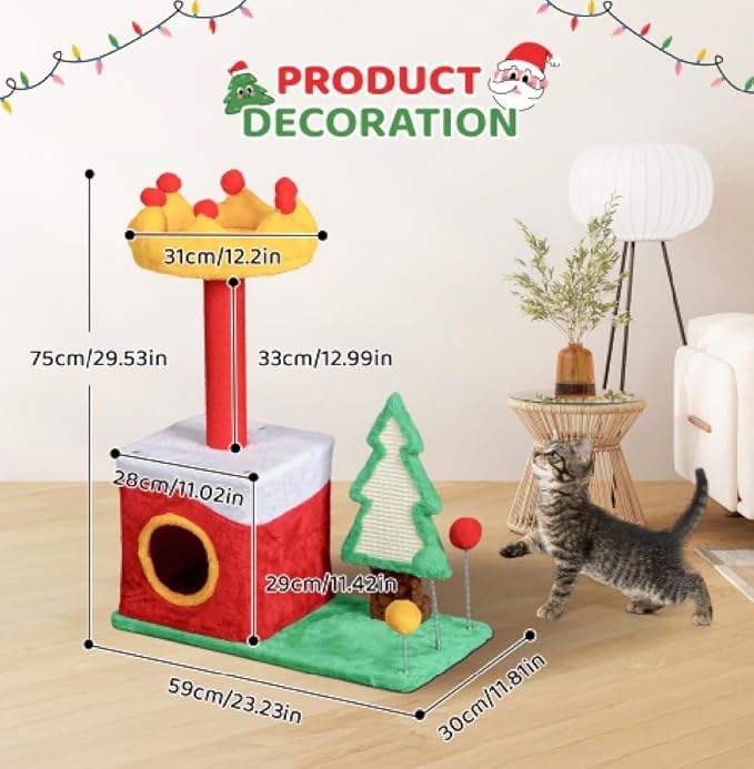 VINGLI 29.5IN Christmas Themed Plush Cat Tree, Multi Level Cat Tower with Condo, Crown Top Perch, Xmas Tree Sisal Scratching Ramp & Post, Spring Hanging Balls Indoor Kitten Cat Activity Center