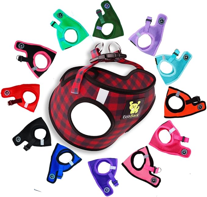 EcoBark Step in Dog Harness - Eco-Friendly Teacup Dog Harnesses for XXS, XS, and Small Dogs - Reflective and Adjustable Mini Body Halter Vest -Tiny Soft Mesh Toy Breed Harness (XXXS, Plaid)