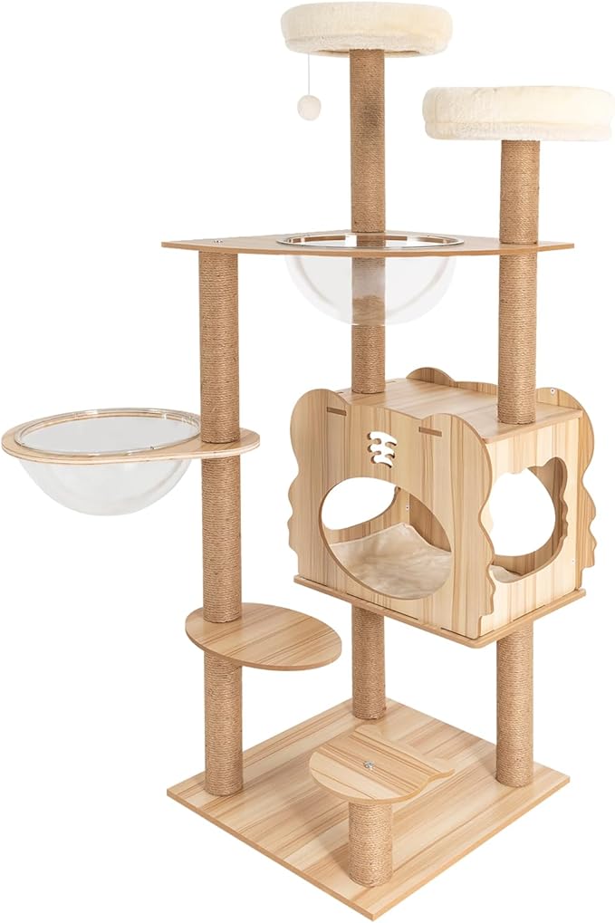 Cat Tree Furniture 19.7x19.7x54inch Brown Multi-Level Cat Tower with Scratching Posts Wide Platforms Two Space Capsules Nests and Play Balls for Indoor Elderly Adult Cats Small Space