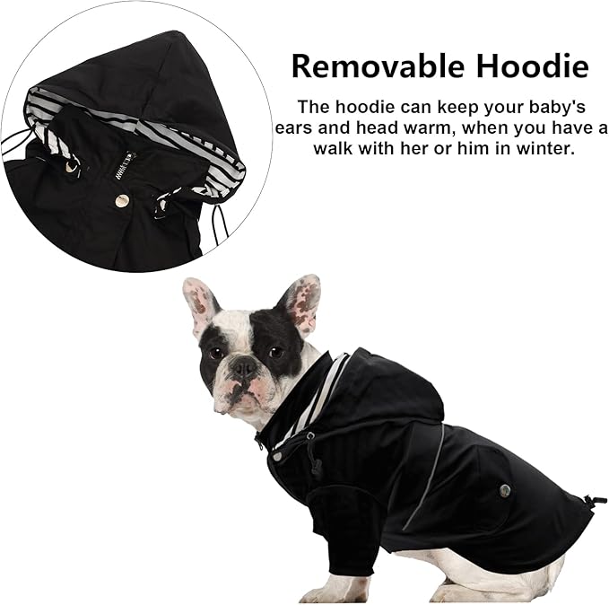 Morezi Dog Zip Up Raincoat with Reflective Buttons, Rain/Water Resistant, Adjustable Drawstring, Removable Hood, Raincoats with Legs 8lbs to 80lbs Available - Black - XXL