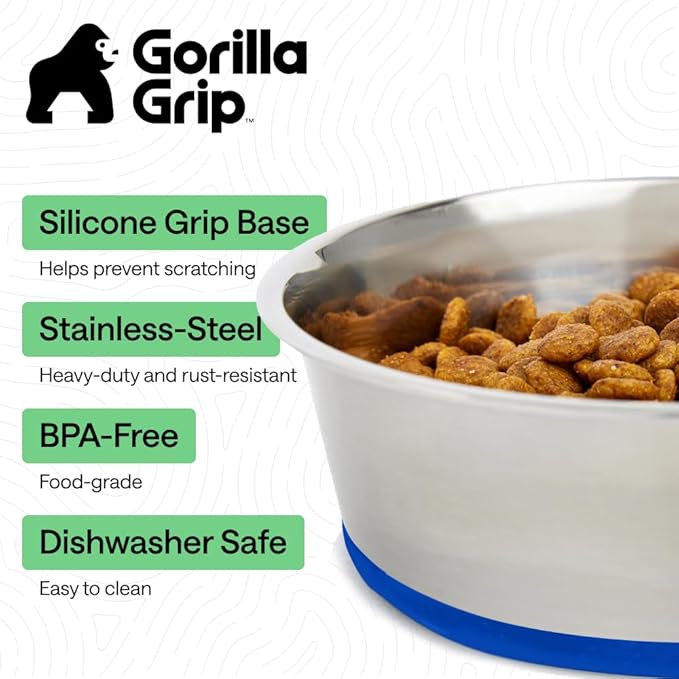 GORILLA GRIP Dog Bowls, Food Grade 304 Stainless Steel, Holds 2 Cups Each (16 fl oz) Food and Water Bowl for Feeding Dogs and Cats, Dishwasher Safe, Rust Resistant, BPA Free Rubber Base Set of 2 Blue