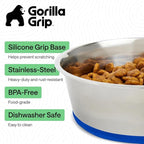 GORILLA GRIP Dog Bowls, Food Grade 304 Stainless Steel, Holds 4 Cups Each (32 fl oz) Food and Water Bowl for Feeding Dogs and Cats, Dishwasher Safe, Rust Resistant, BPA Free Rubber Base Set of 2 Blue