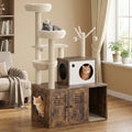 55in Modern Wooden Cat Tower with Condo & Scratching, Vintage Cat Tree with Litter Box Enclosure, Multi-Level Cozy Plush Cat Condo with Food Station & Storage- Wide Base for Indoor, Brown