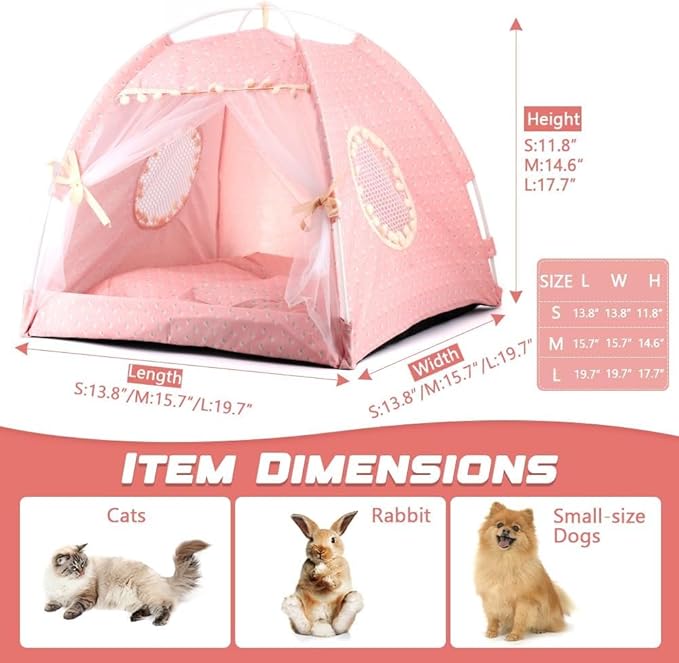 Pawstrip Dog Tent Indoor Cat House Pink Puppy Bed Portable Pet Teepe Princess Dog Camping Tent Outdoor Kitten Houses Cute Bunny Nest Girl Kitty Cave, Small (13.8" x 13.8" x 11.8")