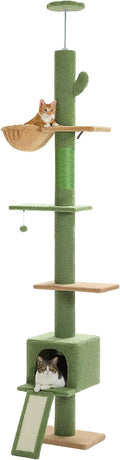 PEQULTI Cat Tree Floor to Ceiling,Cactus Tall Cat Tower, Adjustable Height (83''-108'') 5 Tiers Climbing Tree for Indoor Cats with Cat Condo, Scratching Post and Ladder, Green