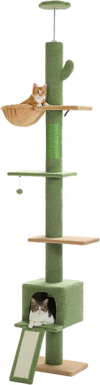 PEQULTI Cat Tree Floor to Ceiling,Cactus Tall Cat Tower, Adjustable Height (83''-108'') 5 Tiers Climbing Tree for Indoor Cats with Cat Condo, Scratching Post and Ladder, Green