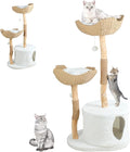 46" Modern Cat Tree, Solid Wood Cat Condo for Large Cats w/2 Flower Perches, Indoor Large Cat Climbing Tower with Hiding Enclosure, Natural Solid Wood Scratching Post with Real Branch