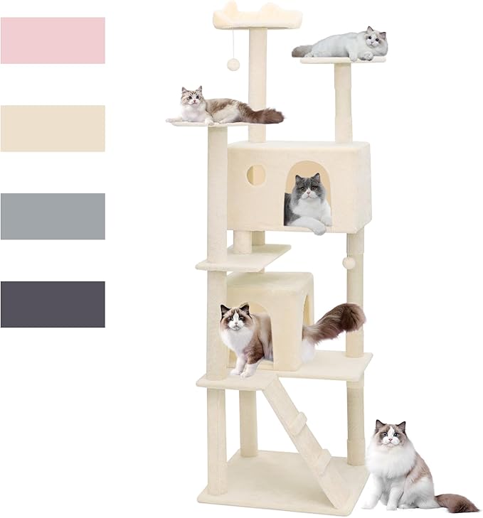 Magshion Cat Tree 77" Cats Tower for Indoor Cats, Multi-Level Cat Condo with Scratching Post, Top Perch, Sisal Board and Dangling Ball, Cat Stand Jumping Platform Kittens Pet Play House (Beige)