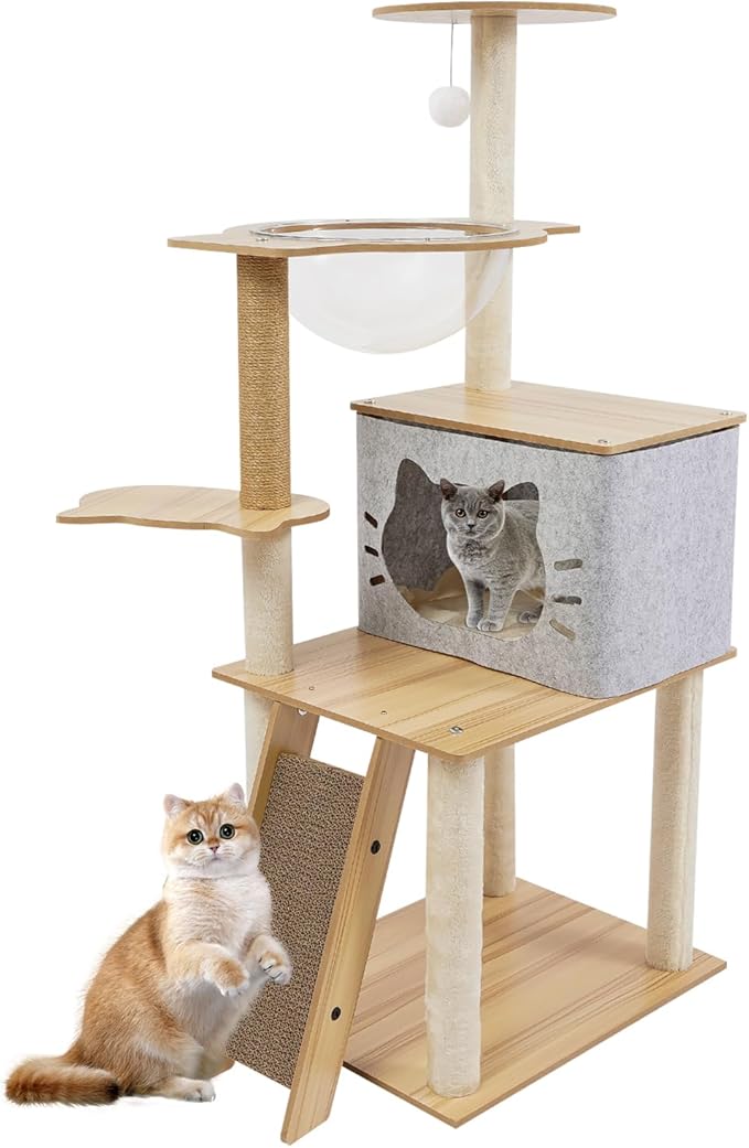 Cat Tree, W15.7*D19.7*H47.2in Cat Climbing Tower for Indoor Cats, Multi-Layer Cat Condo with Cat House, Transparent Capsule, Platforms, Scratching Posts, Holds 7.5kg/16.5lbs