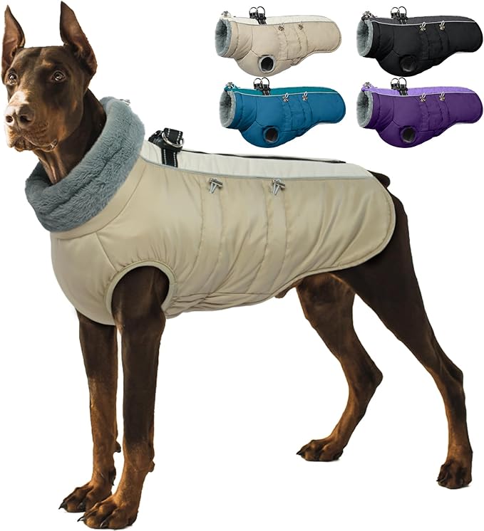 IDOMIK Warm Dog Coat with Harness, Waterproof Reflective Dog Jackets for Small Medium Large Dogs, Fleece High Collar Winter Jacket with Zipper, Pet Winter Snowsuit Clothes for Cold Weather,Khaki 2XL