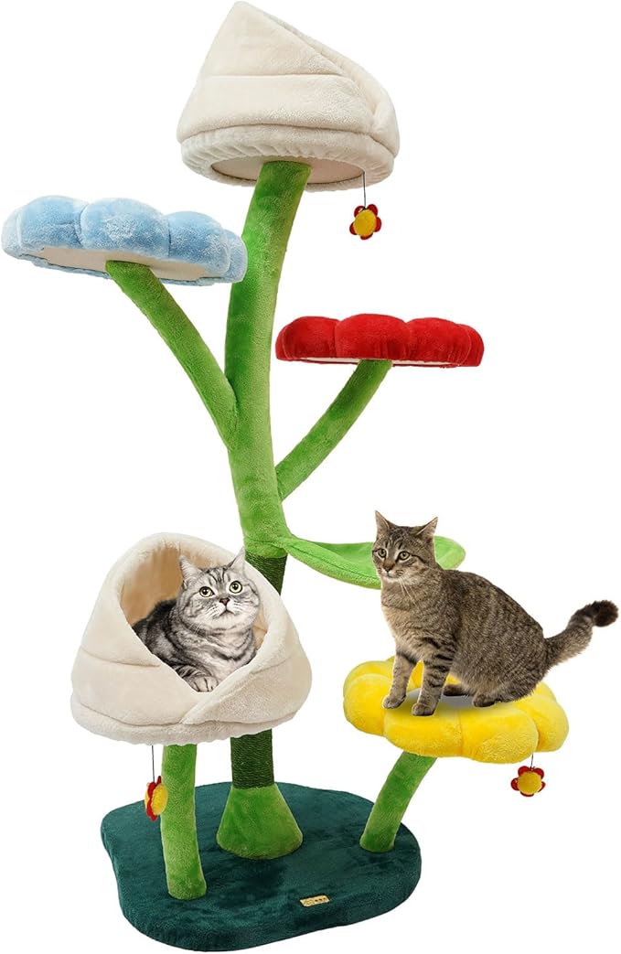 6-Tier Flower Cat Tree 22Lbs with Resting Platforms & Scratching Posts, Cats Activity Center Playground, Stable Flower Design for Adult/Small Cats (Green, Red, Blue, Yellow, and White)