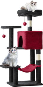 Cat Tree Tower 44 Inch, Small Cat Tower with Condo, Hammock, Sisal Scratching Posts, Extended Perch, Pet Play House for Indoor Kittens and Cats, Black Red