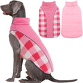 Kuoser Dog Winter Coat, Reversible Waterproof Dog Jacket with Leash Hole, Warm Dogs Fleece Vest Adjustable Doggy Cold Weather Clothes Plaid Christmas Outfit Pet Apparel for Extra Large Dogs, Pink 3XL