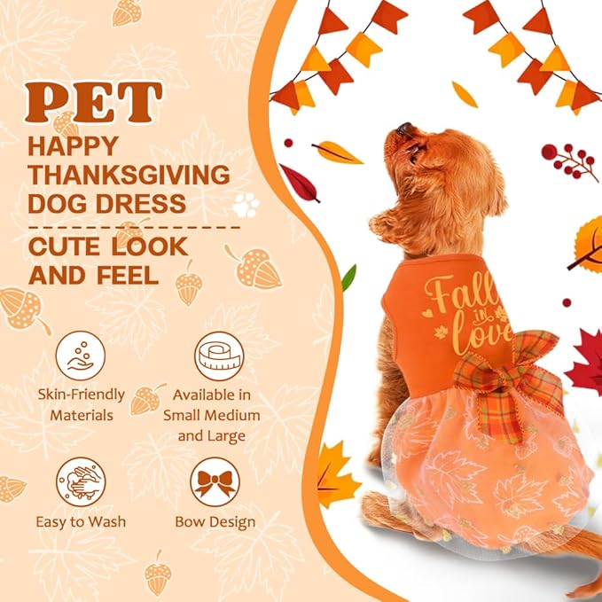 Dog Thanksgiving Outfit Funny Puppy Dog Dress with Bow for Small Medium Dogs Cute Fall Pet Costume for Cats Dogs Thanksgiving Day Halloween
